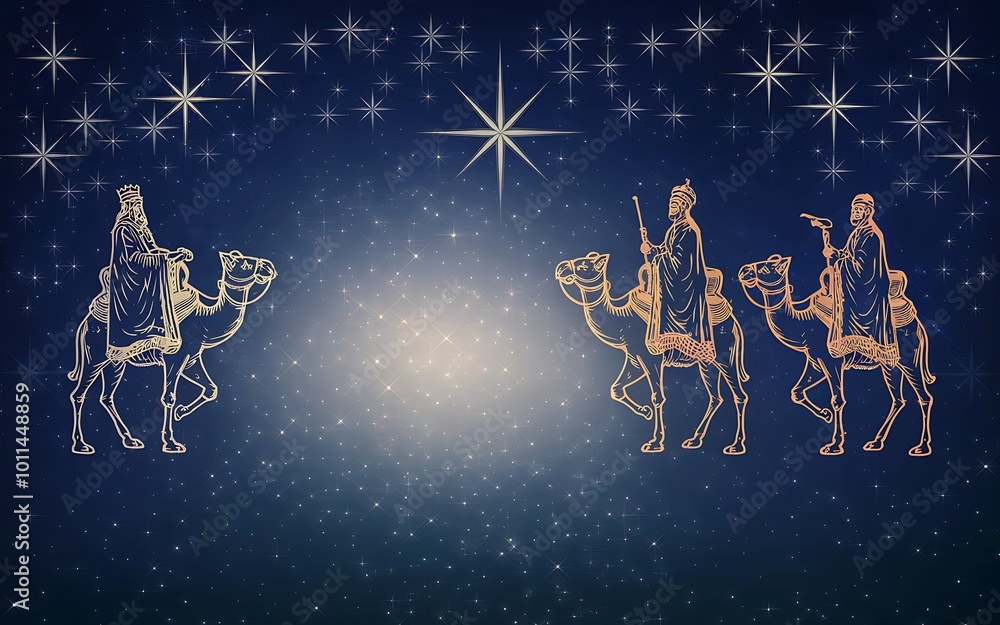 Three wise men riding camels follow a star in the night sky. Stock ...