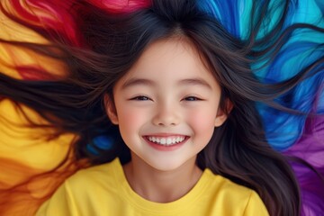 Cheerful Young Girl Smiles Against a Vibrant Rainbow Background, Radiating Youthful Energy and Joy A Colorful Portrait of Happiness and Optimism, Capturing the Essence of Childhood Wonder