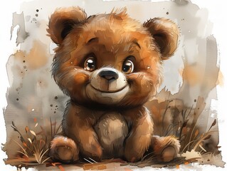 A fluffy teddy bear with a cute face sits in a field of grass.