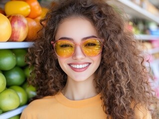 Happy Girl in Colorful Sunglasses Shopping for Fresh Produce at a Local Farmers Market, Vibrant Colors and Healthy Lifestyle