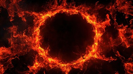 Wall Mural - circle of fire in vibrant shades of red and orange, flames in motion on a black background, creating