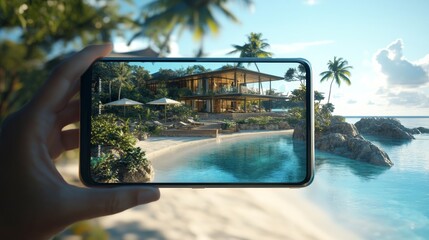 A stunning beach resort is showcased on a smartphone, capturing a tropical paradise with golden sand and palm trees.