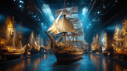 Wall Mural - A distant view of a sailing ship in a museum exhibit, framed by softly glowing lights and detailed maritime decorations, evoking a sense of historical wonder 