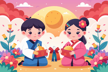 Korean children wearing Hanbok, a boy and girl sitting on the ground holding traditional Korean lanterns in their hands with colorful patterns, Flat background for korean seollal festival celebration