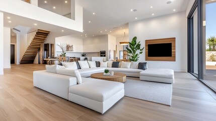 Spacious living room featuring an L-shaped sectional couch, perfect for entertaining guests in a modern, airy space.