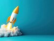 © Narongsak - This vibrant image showcases a colorful rocket taking off, leaving behind a trail of smoke and flames against a bright blue background. Perfect for themes of innovation and exploration.