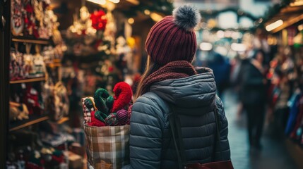 Poster - Person checking out at a holiday market with bags full of festive items