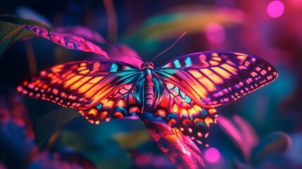 Dazzling butterfly with neon light effects in pink and blue