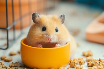 A sweet-looking hamster is nestled comfortably in a bright yellow bowl, surrounded by food chunks, showcasing a peaceful moment in a domestic backdrop.