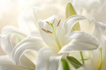 Aufkleber - A detailed close-up shot of a pure white lily illuminated by soft, natural lighting, emphasizing its delicate petals and serene beauty.