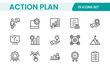 © artnazu - Line icons about action plan. Contains such icons as search strategy, target, scheme, timeline and workflow.Action plan set of web icons in line style. Strategy action planning icons.