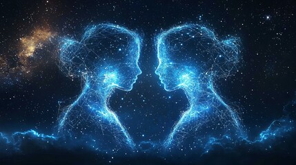 Digital outlines of two ethereal beings facing each other in a stellar backdrop, suggesting cosmic connectedness and profound human emotional depth.