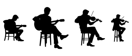 Man playing Guitar and Violin. Musician playing musical instruments silhouette black filled vector Illustration icon