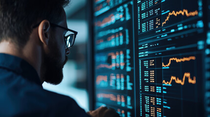 A man is looking at a computer screen with a lot of numbers on it