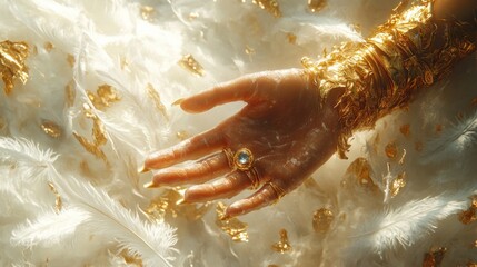 Poster - A golden hand adorned with rings, surrounded by feathers and light.