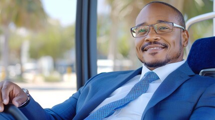 A content black businessman commutes to work by bus to reduce air pollution.