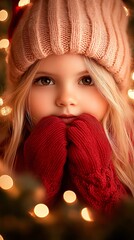 Photography. A little girl wearing red gloves, Christmas atmosphere, warm light,