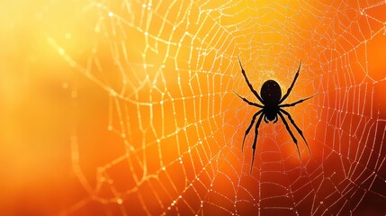 A Halloween spider web with a black widow spider on a bright orange background.