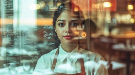 Double exposure image of a Latina female wearing a waitress's uniform with restaurant tables and menus in the background.