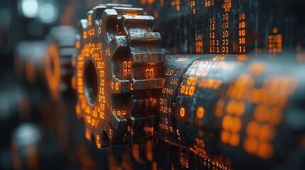 rust programming language concept featuring rusty gears intricately combined with binary code on dark tech themed background symbolizing the fusion of old machinery ,modern programming