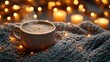© ThuyTrang - Hot chocolate on a knitted sweater, surrounded by candles and fairy lights. Warm, inviting glow from the lights, steam curling gently from the cup. Detailed knit textures and soft shadows.