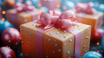 A close-up of a beautifully wrapped gift box with a pink ribbon, adorned with glittering decorations