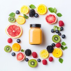 Wall Mural - A vibrant arrangement of fresh fruits circles a jar of juice. The bright colors and natural ingredients create a healthy and refreshing vibe. Perfect for food blogs and wellness articles. AI