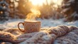 © ThuyTrang - Hot chocolate with steam rising, placed on a cozy blanket in an outdoor winter setting, surrounded by snow-covered trees. Warm light from the winter sun, creating a serene and tranquil atmosphere.