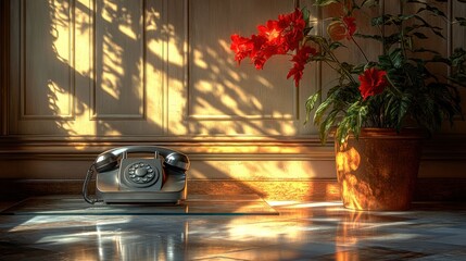 Poster - A vintage telephone beside a potted plant in warm sunlight.