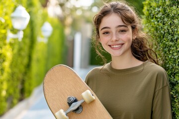 Youth culture, skateboarding, and commuting concept portrait of young, happy woman outdoors with skateboard.