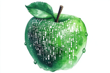 A digital green apple with a leaf, embellished with binary code, symbolizes the fusion of nature and technology.