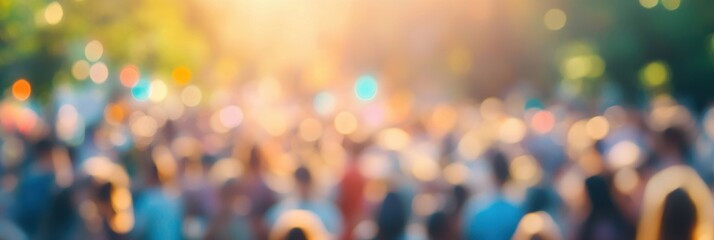 Wall Mural - Blurred crowd of people at a music festival in a city park, a panoramic view with copy space.