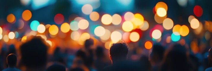 Wall Mural - Blurred crowd of people at a music festival in a city park, a panoramic view with copy space.