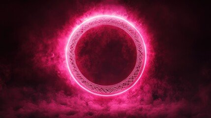 A glowing pink circular portal surrounded by mist and darkness.