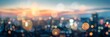 © Maria Mikhaylichenko - Blurred cityscape at twilight with vibrant bokeh lights creating a dreamy, ethereal atmosphere. Warm sunset hues blend with cool urban tones in this panoramic view.