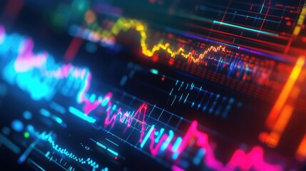 Close-up of a digital oscilloscope screen displaying vibrant electrical waveforms and signal patterns