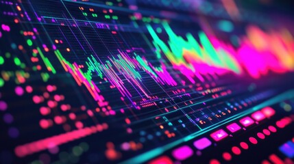 Close-up of a digital oscilloscope screen displaying vibrant electrical waveforms and signal patterns