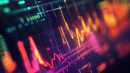 Close-up of a digital oscilloscope screen displaying vibrant electrical waveforms and signal patterns
