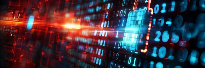 Wall Mural - futuristic digital landscape with glowing binary code and padlock, symbolizing cybersecurity and dat