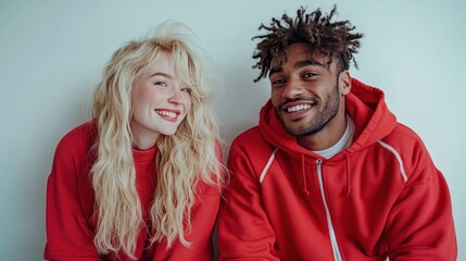 two friends in casual red attire sitting together, sharing a moment of friendship and joy captured b