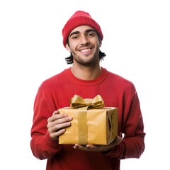 Happy Young Man Holding a Gift Box in Christmas Celebration on transparent background cutout, PNG file.