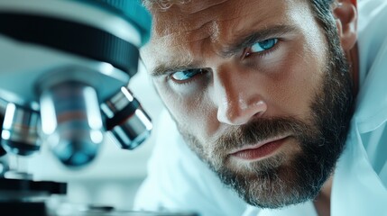 Wall Mural - a focused scientist intensely observes through a microscope, his expression reflecting determination