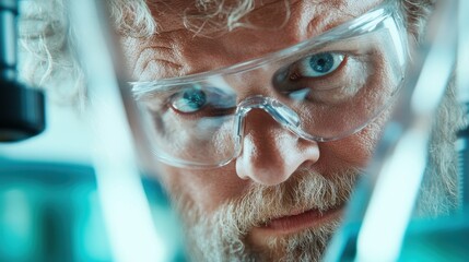 Wall Mural - an experienced scientist wearing safety goggles closely examines specimens under a microscope, showc