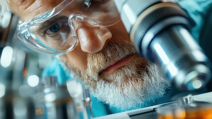 Wall Mural - a bearded scientist deeply analyzes samples under a microscope with safety goggles, emphasizing inno