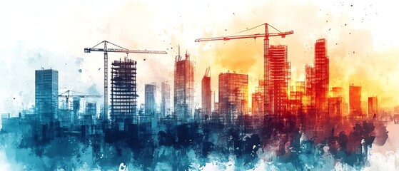 Futuristic cityscape under construction, AI-driven cranes, sleek glass buildings, watercolor style