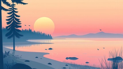 Wall Mural - calm shoreline flat design side view morning theme cartoon drawing triadic color scheme