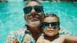 © svastix - A joyful elderly man and young child wearing sunglasses enjoy a sunny day together in a sparkling blue pool, highlighting family bonding and summer fun mood.