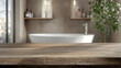 © Neungruedee - Warm Wooden Table in Modern Bathroom Setting