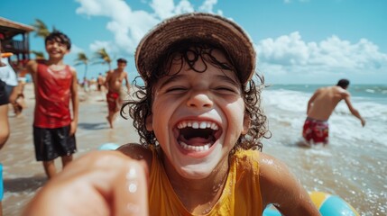 A smiling child on a lively beach, surrounded by other happy people enjoying the summer day under clear blue skies and palm trees, capturing joyful vacation moments.