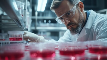 Wall Mural - a scientist in a laboratory environment inspects red-colored samples in petri dishes, portraying met